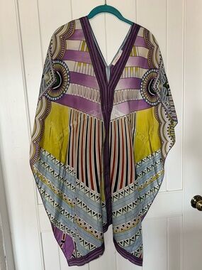 Johnny Was 100% silk Purple Striped Boho Tunic with Yellow Accents
